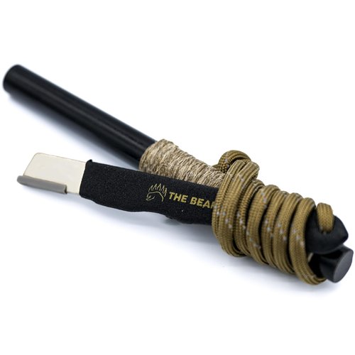 The Bear Essentials - 6" x 1/2" Large Ferro Rod & Tungsten Striker Fire Starter Survival Kit, Reflective Paracord, Waxed Hemp & Burlap Sack -20,000+ Strikes