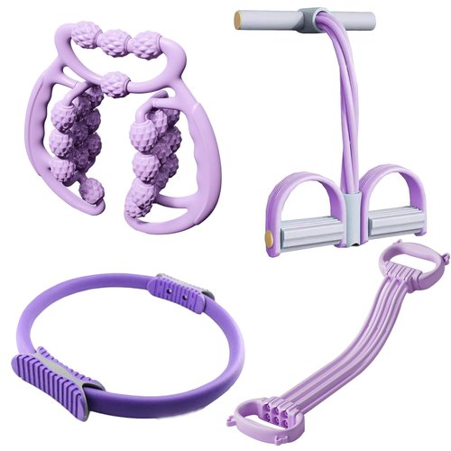 Pilates Ring Essentials Kit for Women，with Pedal Resistance Band - Resistance Bands with Handles - Pilates Ring - 24Wheel Muscle Roller - Beginners Home Body Shaping Workout Equipment (Purple)