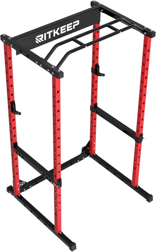 RitKeep RMAX 2250 Multi-Functional Power Rack - 1200lb Capacity Squat Rack for Home Gym with Multi-Grip Pull-Up Bar, J-Hooks, and Safety Bars (Red(red barbell）, 700LB barbell)