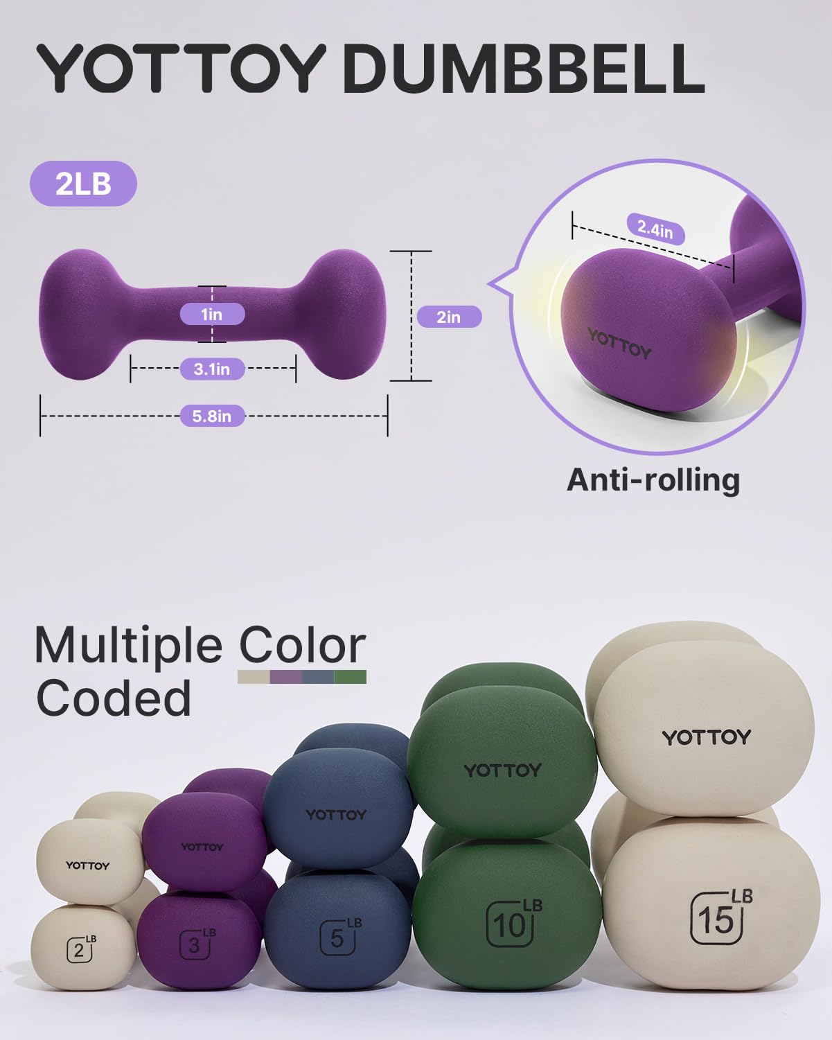 YOTTOY Dumbbell Set of 2,2-15 Pound Hand Weights for Women, Non-Slip Hand Weights for Home Gym, Strength Training, and Full-Body Workouts (Purple, 10LB-Pair)