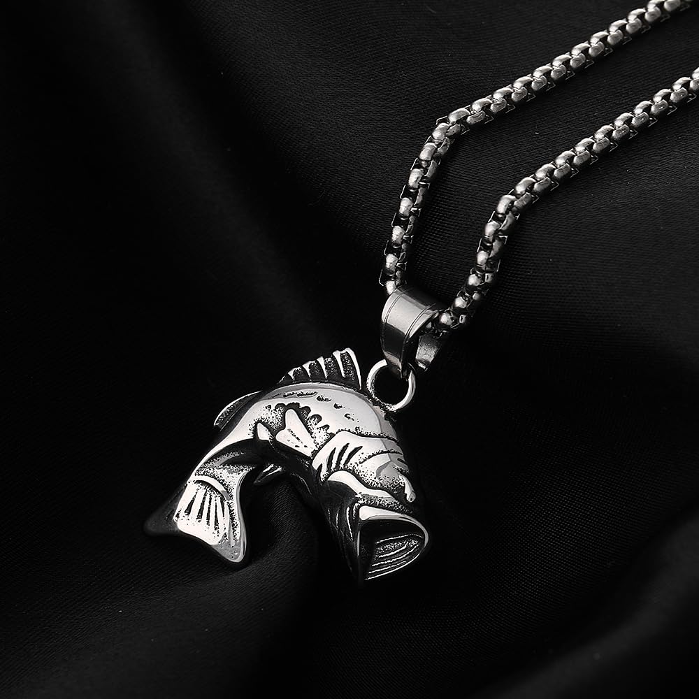 BaBakiak Largemouth Bass Fish Necklace, Fisherman Stainless Steel Jumping Bass Pendant