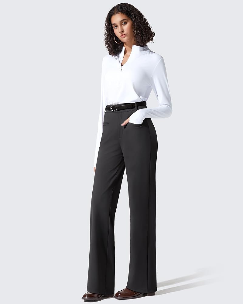 G4Free ShiftReady Women’s Work Pants with Pockets - Straight Leg Trousers, Black, Petite Medium