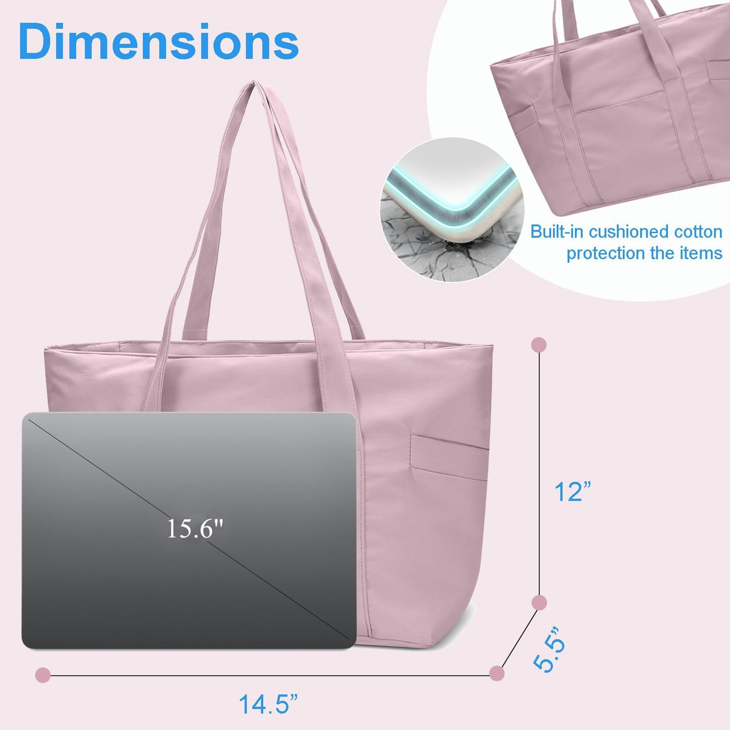 CTWWFS Large Tote Bag for Women with Zipper, Nylon Lightweight Work Tote with 15.6" Laptop Sleeve, Nurse Bag for Work College (Pink)