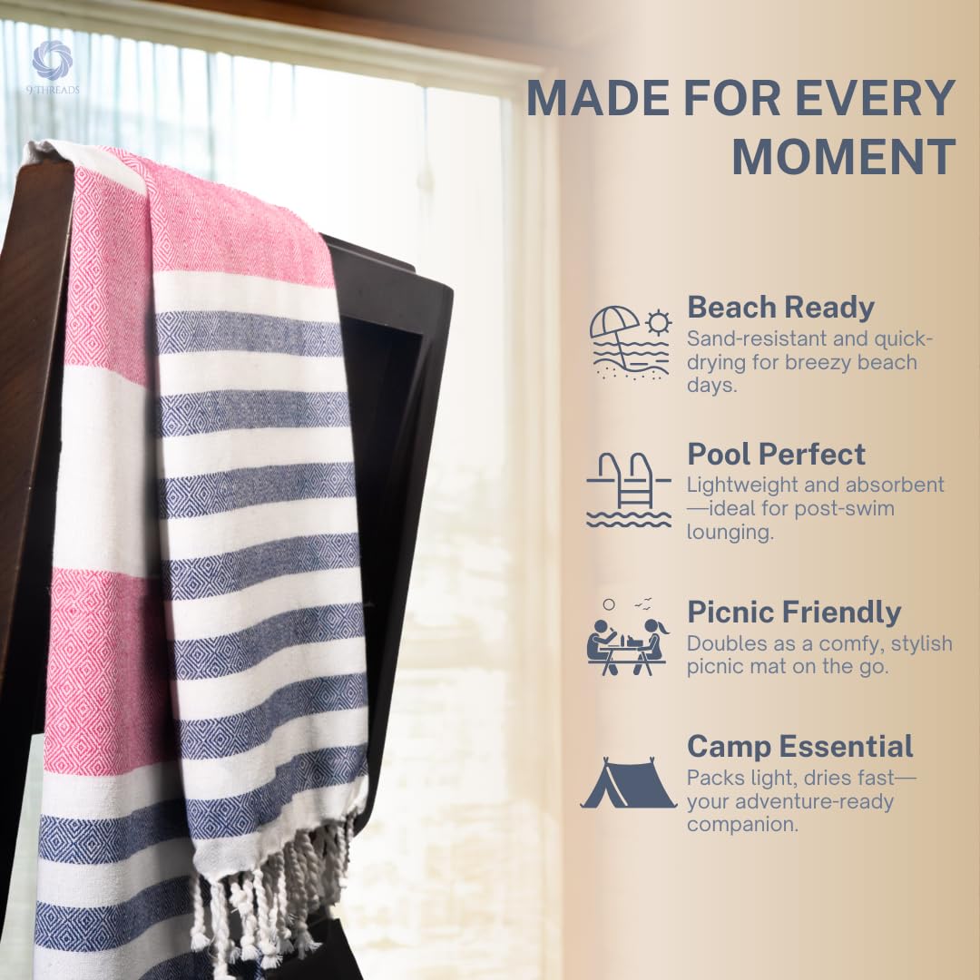 9Threads Cotton Turkish Beach Towel with Towels Oversized 36"x72" Pool Absorbent Extra Large Quick Dry Sand Travel Towel (Rosé & Riviera, 4 Pack)