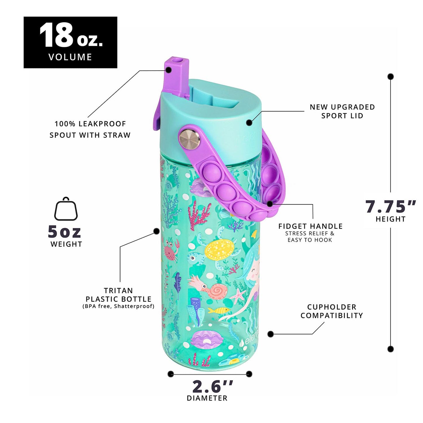 Elemental Leak Proof Water Bottles for Kids - Splash Kids Water Bottle for School with Pop-it Handle - Tritan Plastic Water Bottle with Straw - Mermaid & Pink Unicorn - 18oz (2 Pack)