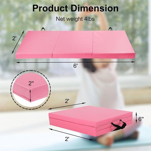 Foldable Exercise Mat 6/8/10 - PU Leather Gym Mat for Yoga, Stretching, Aerobics, Tumbling, Cheerleading, Martial Arts - Non-Slip Home Workout Mat with Hook & Loop Fastener - Versatile Fitness Mat for Gymnastics (pink, 6x2x2)