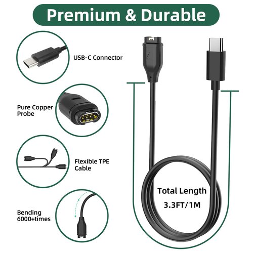Tebiemao USB-C Charger Compatible with Garmin Watch, Charging Cable for Garmin Fenix 8, Fenix 7 7X 7S, Fenix 6 6X 6S Pro, Fenix 5 5X 5S, 3.3FT