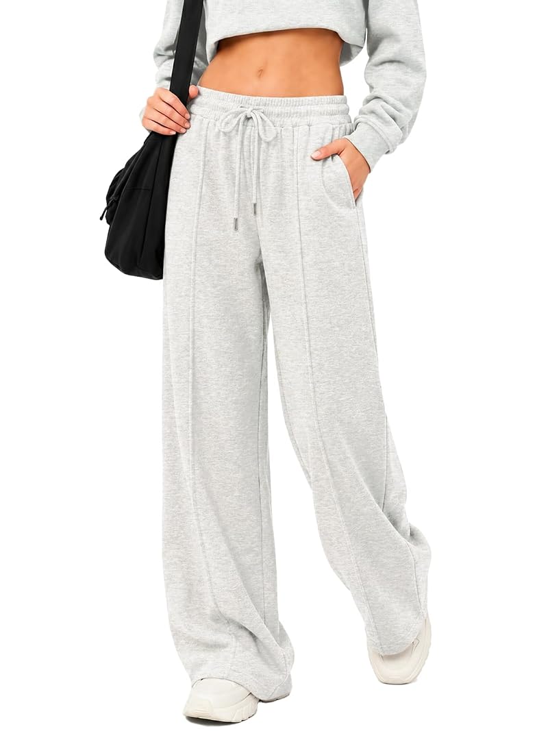 Light Grey Wide-Leg Track Pants for Women - Drawstring Waist, Pockets, Fall/Winter Baggy Sweatpants (Variation: Light Grey, XS)