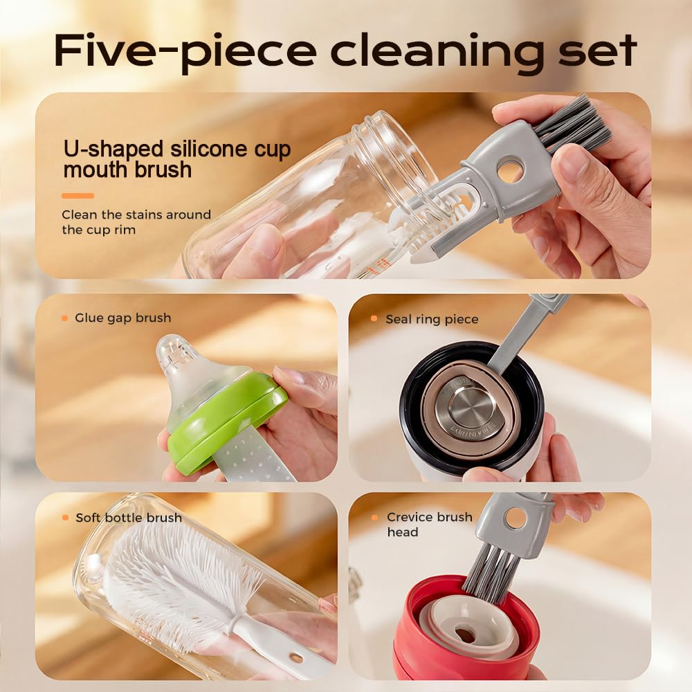 Water Bottle Cleaner Brush Compatible, 360° Flexible Silicone Bottle Brush with Long Handle,3 in 1 Brush Cleaner Kit for Narrow Neck Water Baby Bottles, Flasks Soft Bottle Brush (Grey, 1Pcs)