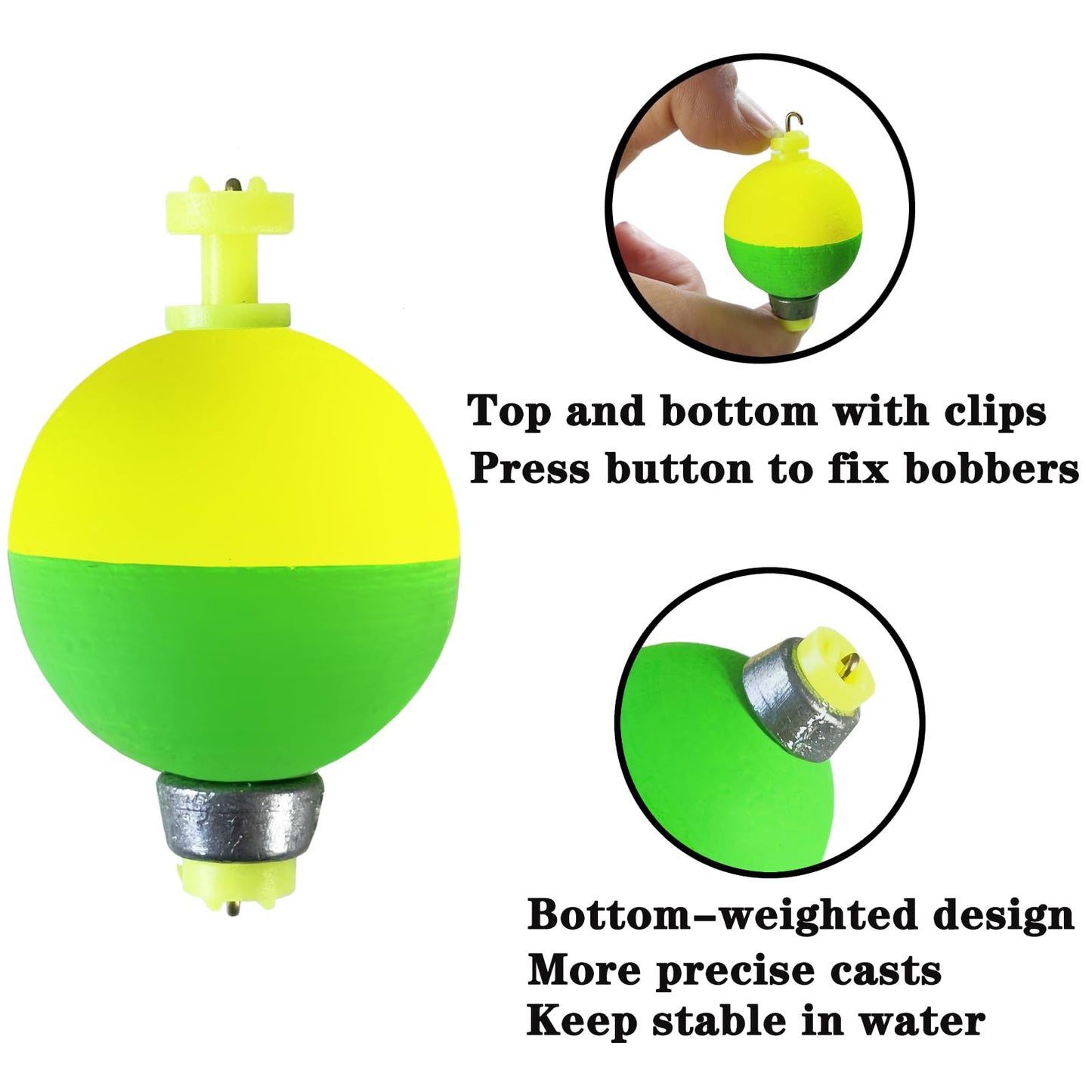 Bombite Fishing Bobbers Floats,10 Packs Weighted Bobbers for Fishing Foam Snap-on Fishing Floats Ball Oval Fishing Corks Bluegill Crappie Panfish Bass Trout Ball-Shape 1.5 in