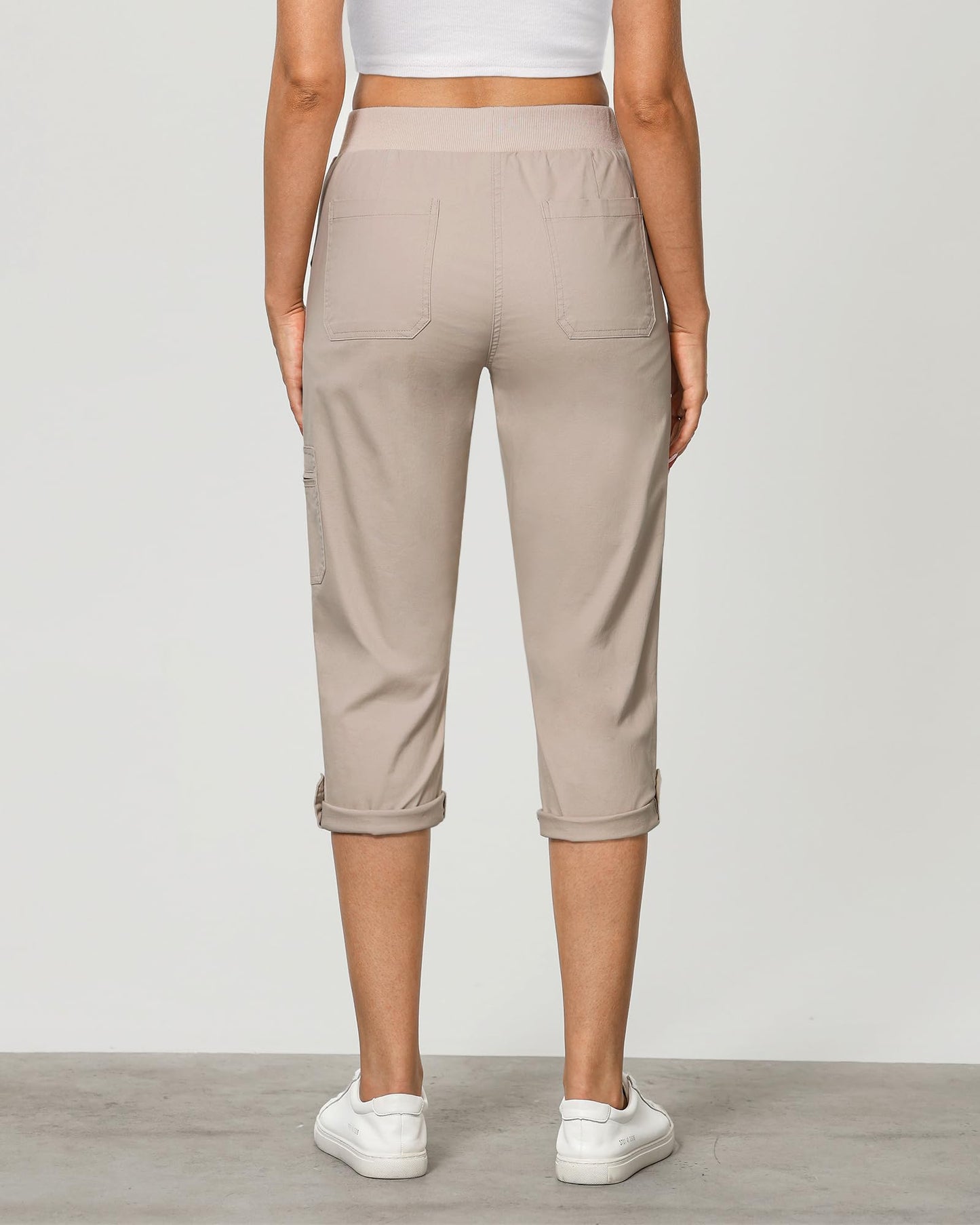 GRAPENT High Waisted Cargo Pants Women's Cargo Pants Capris with Pockets for Women Womens Trousers Cropped Cargo Pants Women Stretchy with Zipped Pockets Color Light Taupe X-Large Size 16 to 18