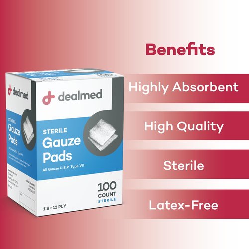 Dealmed 2’’ x 2’’ Sterile Gauze Pads (100 Count) Disposable and Individually Wrapped Medical Gauze Pads, Wound Care Product for First Aid Kit and Medical Facilities (Pack of 1)