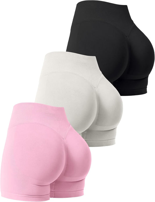 3 Pack Workout Gym Shorts Women Scrunch Butt Lifting Seamless High Waist Yoga Booty Shorts for Women - Black+Grey+Pink S