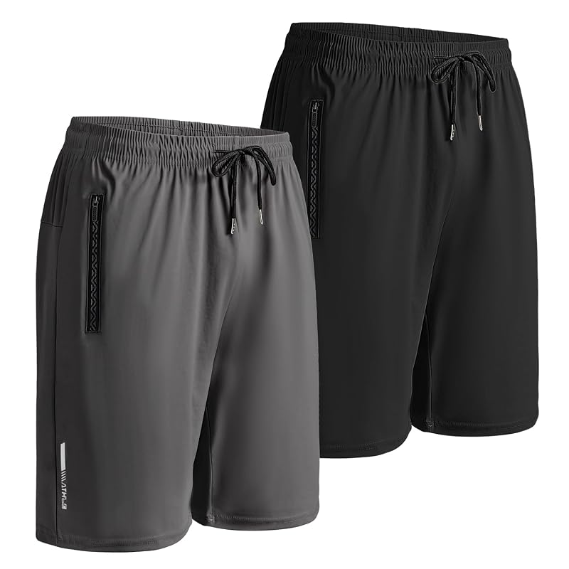 Lightweight Men's Athletic Shorts with Zipper Pockets - Quick-Dry 2-Pack (Black/Grey, Large) - Running, Gym, Basketball
