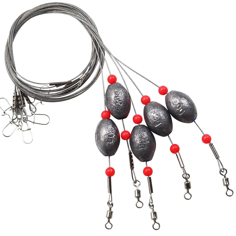5Pcs Fishing Rig with Egg Sinker Weight - 30g (1oz) Flounder Bottom Rigs, Stainless Wire, Beads, Swivels