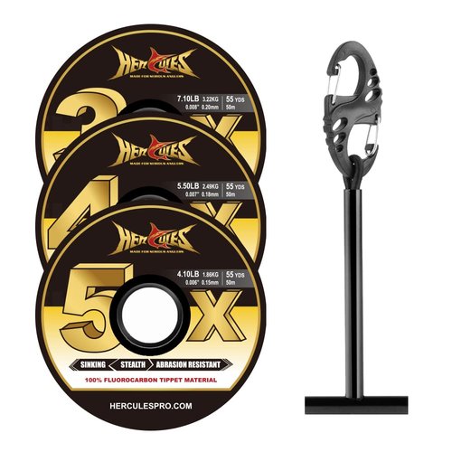HERCULES Fly Fishing Tippet 3 Pack with Fly Tippet Holder, 3X4X5X - 55YDS, Fluorocarbon