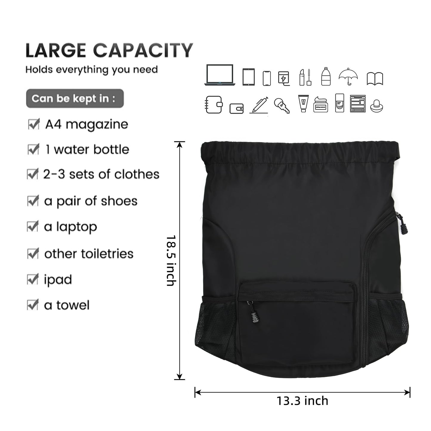 Valleycomfy Waterproof Drawstring Gym Backpack Bag for Men & Women,Sports Gym Bag with Side Pocket Black