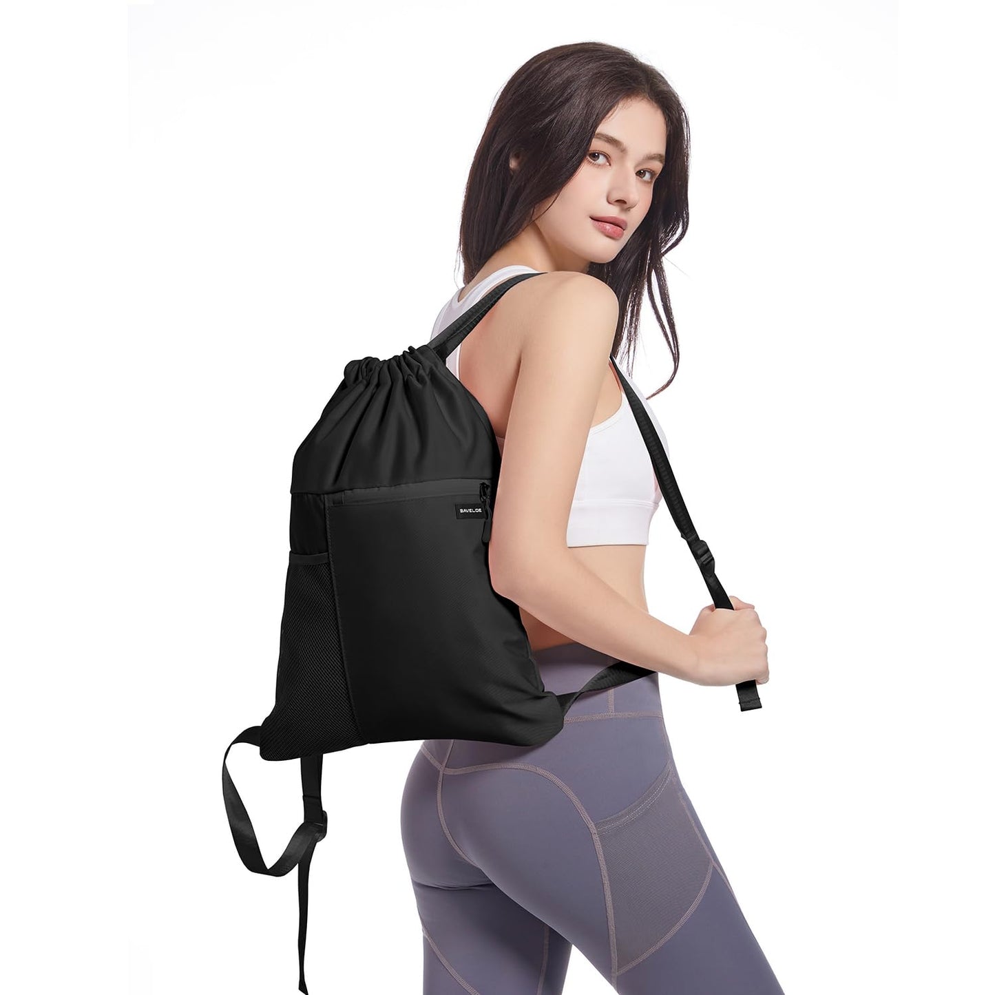 BAVELOE Drawstring Backpack with Mesh Pocket Water Resistant String Beach Swim Sports Gym for Women Men (Black)