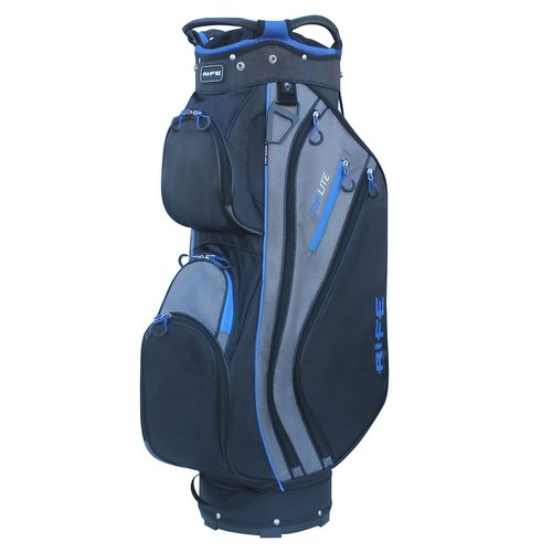 Rife Golf RF-LITE Cart Bag – 14-Way Divider Top with Putter Pit, 9.5" Lightweight Nylon Bag, 9 Zippered Pockets, Insulated Cooler Pocket, Black and Blue