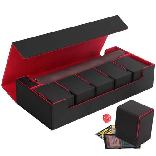 Scimi Premium Trading Card Storage Case TCG Deck Box Holds 800+ Sleeved Cards for MTG, YuGiOh, Uno, Sport with Strong Magnet Closure (Black & Red)