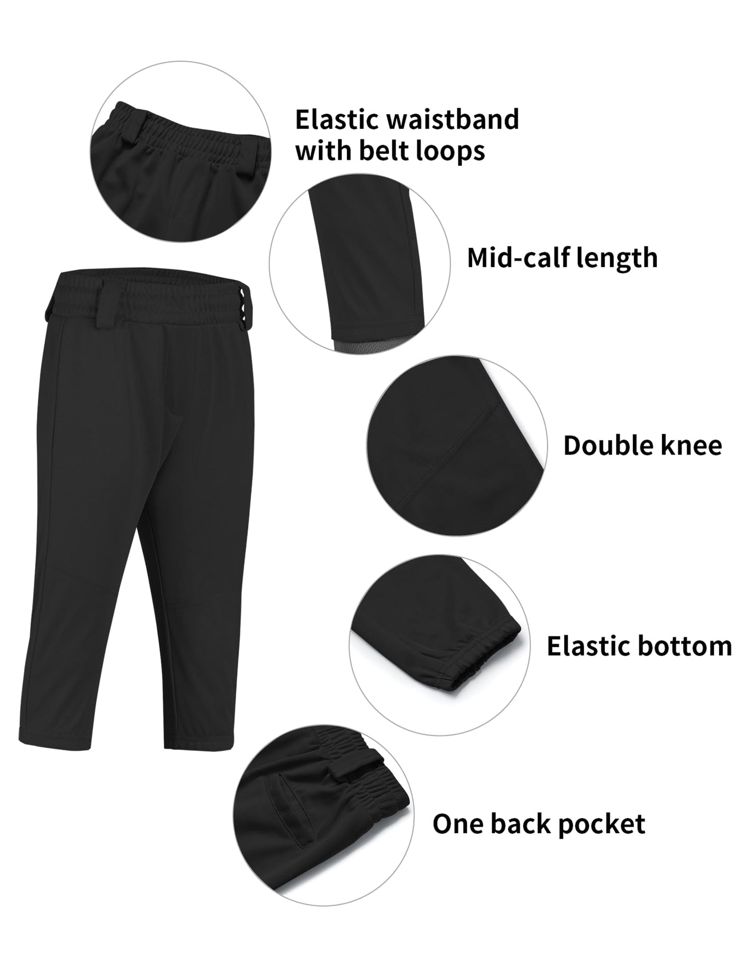 QBK 2T/3T/4T/5T to Youth Toddler Boys Knicker Baseball Pants Girl Softball Pants Kids Tee Ball Pants (Black 7T)