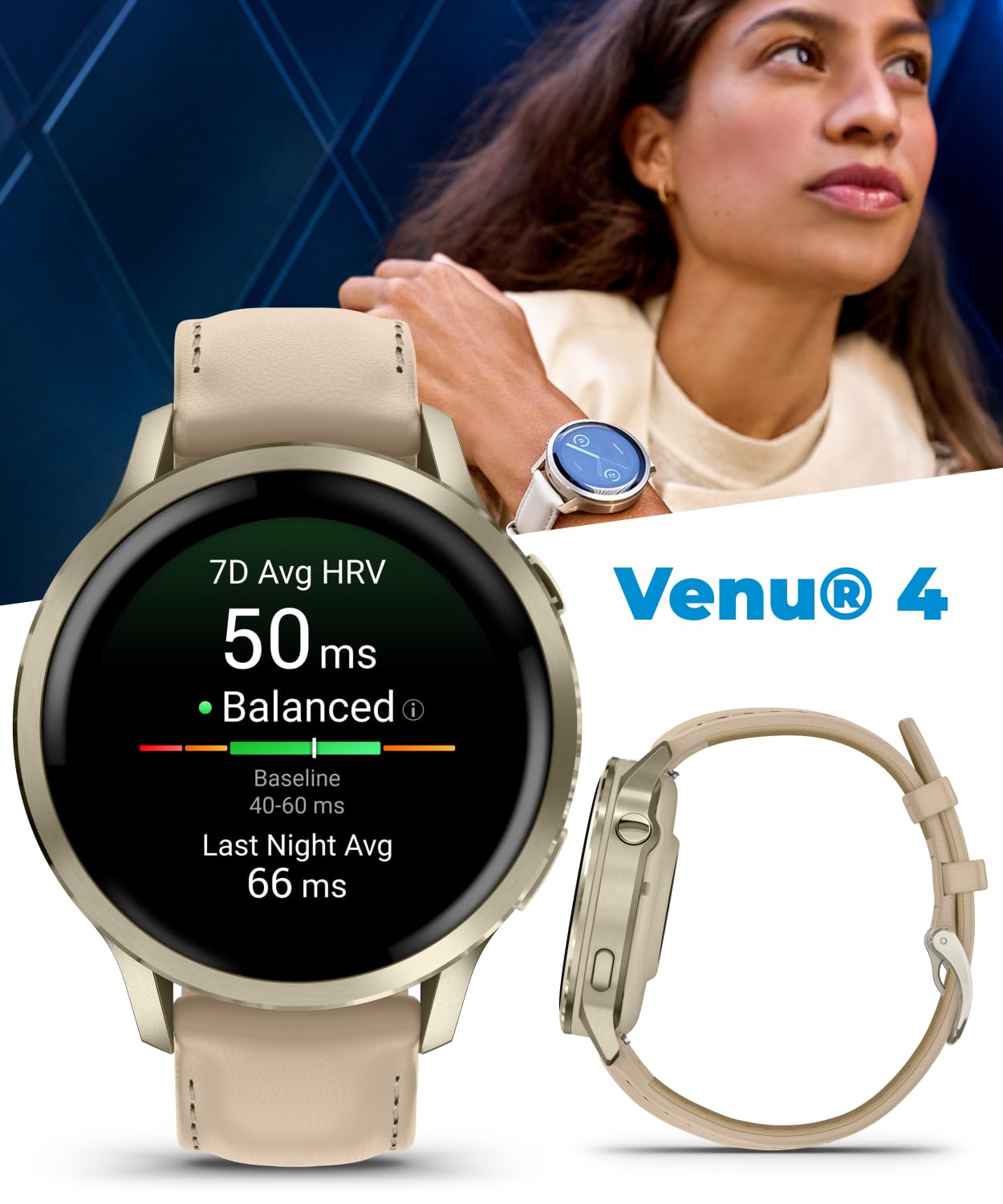 Garmin Venu 4 41mm AMOLED Advanced Health & Fitness GPS Smartwatch, Colorful Display, Built-in Flashlight, Lunar Gold w/Bone Silicone & Light Sand Leather Bands w/Wearable4U PowerBank Bundle