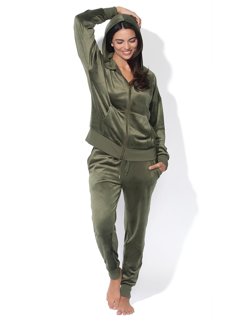 Felina Womens Velour Zip Hoodie & Jogger Set - Deep Olive, Large