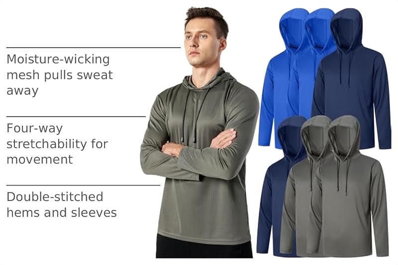 UPF 50+ Men’s Sun Protection Hoodie - Long Sleeve with Face Mask (Gray/Navy/Blue, Medium)