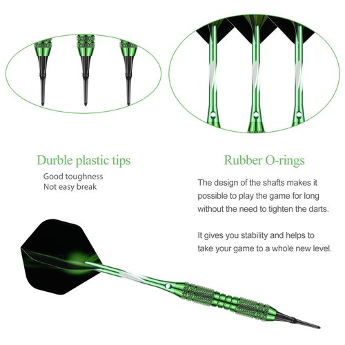 Soft Tip Darts Set – 20g Brass Barrels, Plastic Tips, Green Aluminum Shafts, 6 Flights, 50 O-Rings & 50 Extra Tips – for Electronic Dartboard