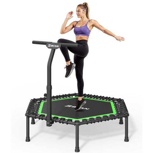 BCAN 51" Mini Hexagon Trampoline, Adult Fitness Trampoline with T-Adjustable Handle Bar, Silent Bungees, Larger, More Stable, Quiet Indoor/Garden Workout - Green