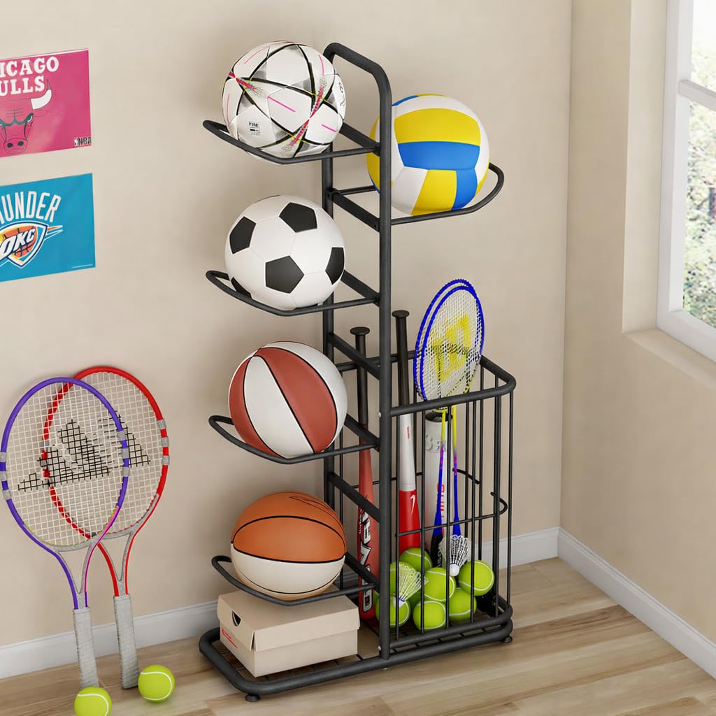 MLUPODY Sports Ball Storage Rack | Adjustable Vertical Stand for Basketball, Soccer, Volleyball & More | Durable Steel Organizer for Garage |5-Ball |45.7 inches, black