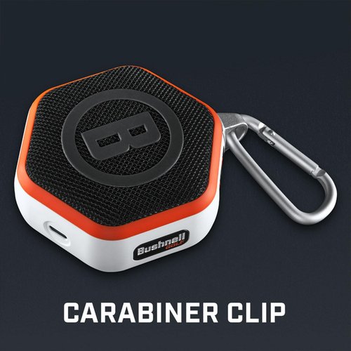 Bushnell Golf Wingman Mini GPS Speaker (Orange/White) | Magnetic Mount, Music & Audible Distances for 38,000+ Courses, Carabiner Clip, Waterproof, 36-Hole Battery, with Signature Series Golf Towel
