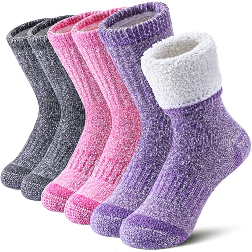 Kids Merino Wool Thermal Socks 8-12 Years Winter Warm Thick Cushioned Snowboarding Socks - Purple/Pink/Gray