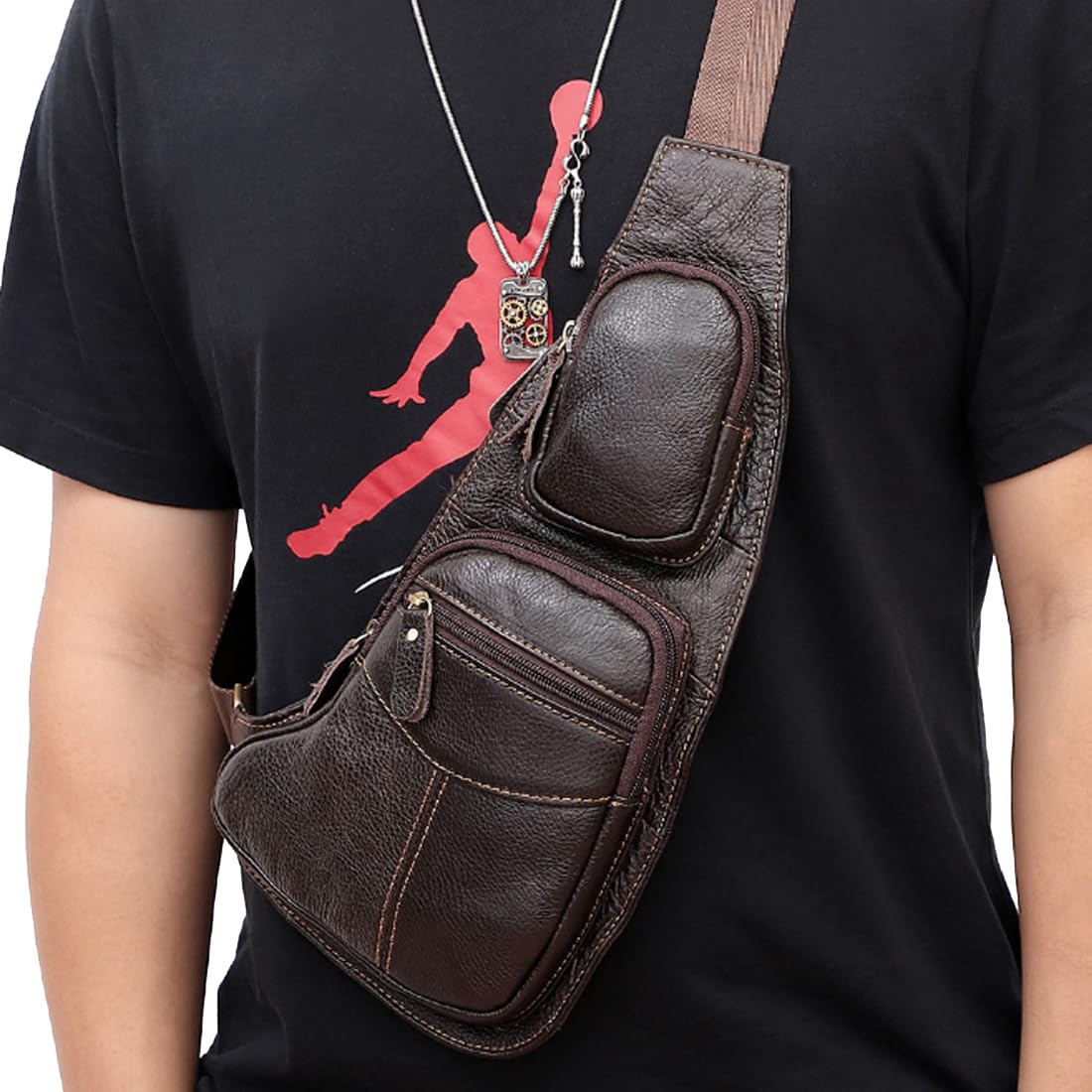 KPYWZER Vintage Leather Sling Bag Bags for Men Women Backpack Shoulder Messenger Crossbody Outdoor Travel Hiking Camping Tactical Chest Pack Daypack Coffee