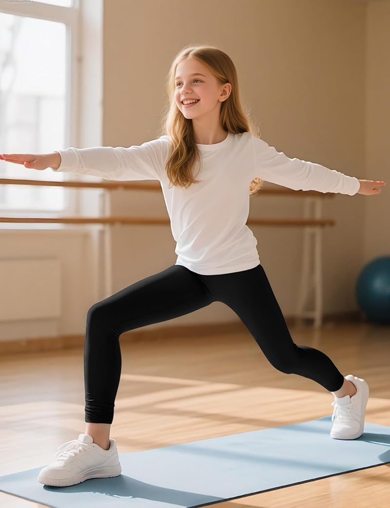 High Waist Girls Athletic Leggings with Pockets - Black, 11-12 Years