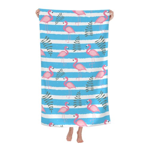 JOOCAR Blue Pink White Flamingo Beach Towel Cute Stripe Microfiber Beach Towels Blanket Oversized Tropical Big Extra Large XL Pool Towels Quick Dry Sandproof for Women Girls Kids 30x 60 Inch