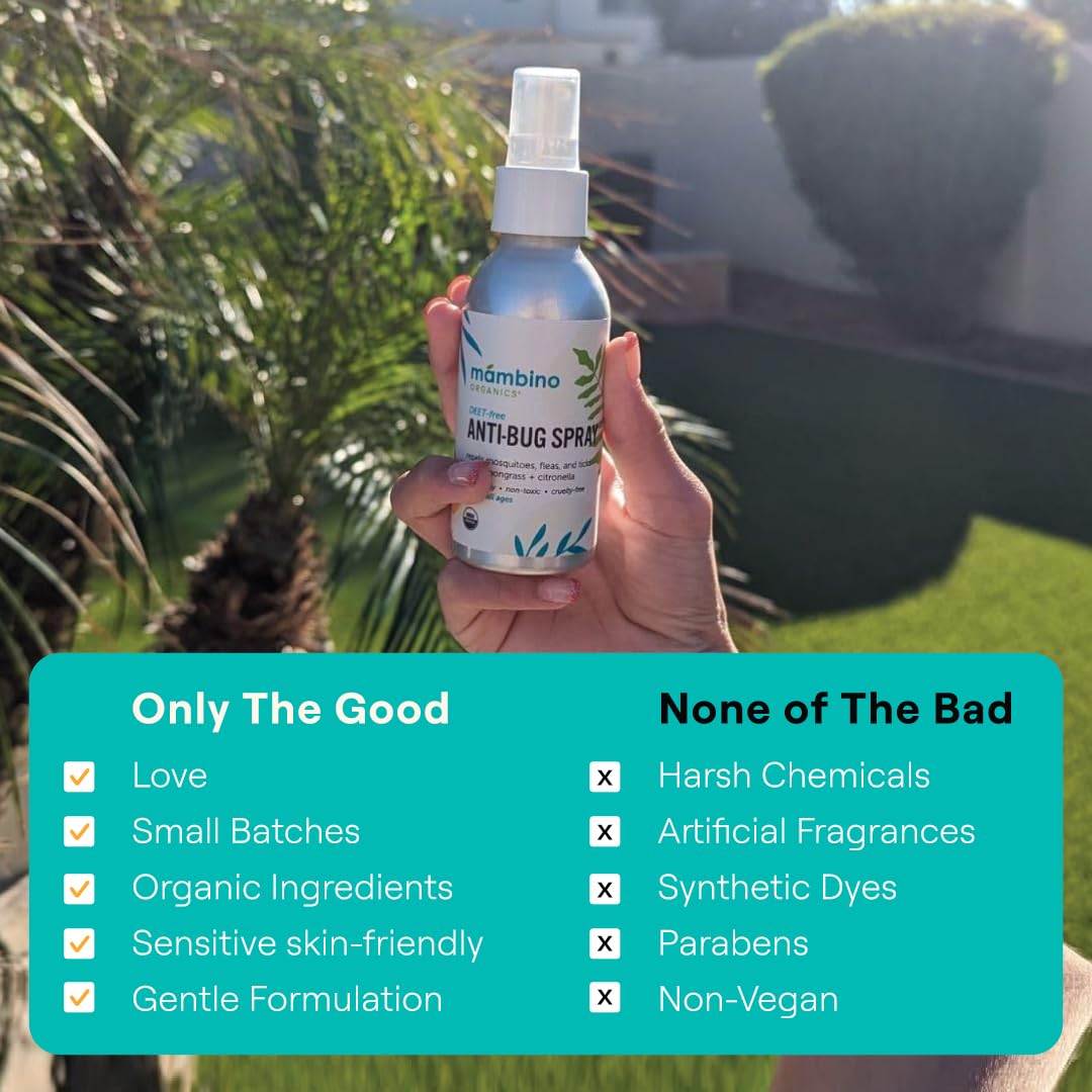 Mambino Organics Anti-Bug Spray, DEET-Free, Organic Mosquito Repellent with Essential Oils, Reef Safe, Face-Safe Protection for Babies, Kids, and Adults, Travel Bug Spray, 2.7oz, 3-Pack