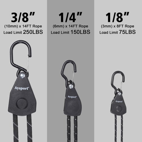 Ayaport Rope Tie Down Ratchet Kayak Straps with Safety Lock S Hook 1/4" x 14' Heavy Duty Pulley Rope Hanger Tarp Tent Tie Downs
