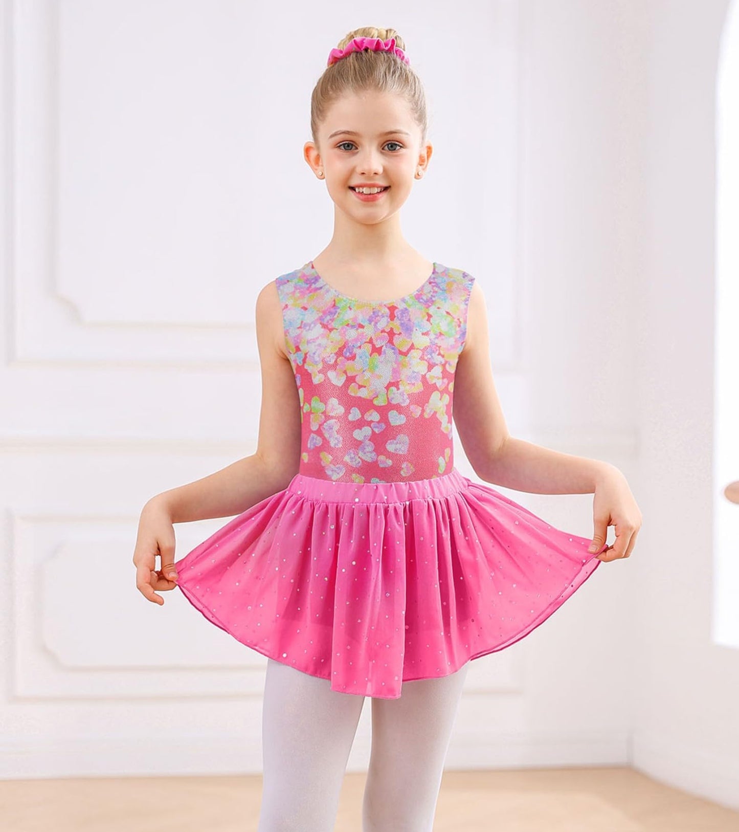 Idgreatim Leotards for Girls Gymnastics 6T 7T Ballet Leotard Outfits with Removable Skirt Hollow Back Dance Dress with Hair Scrunchie