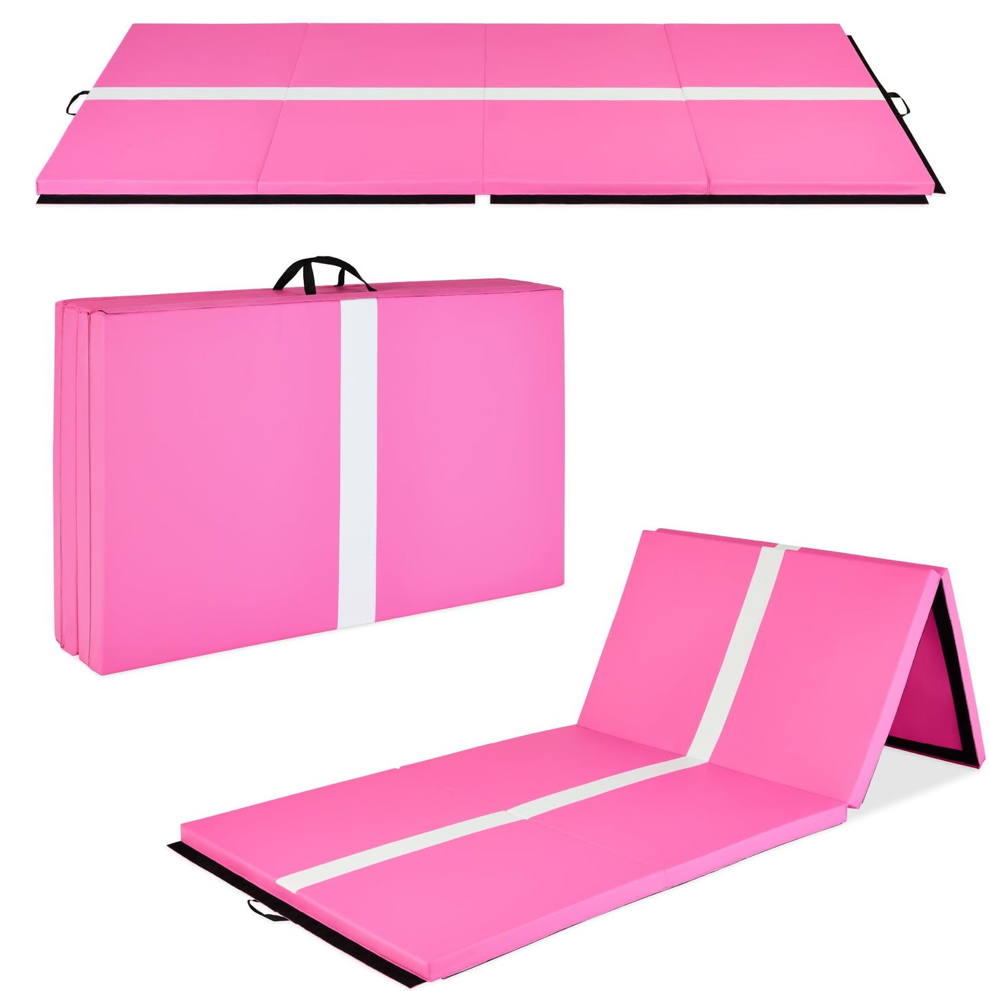 Best Choice Products 10ftx4ftx2in Folding Gym Mat 4-Panel Exercise Gymnastics Tumbling Workout Fitness Floor Mats w/Carrying Handles - Pink Stripe