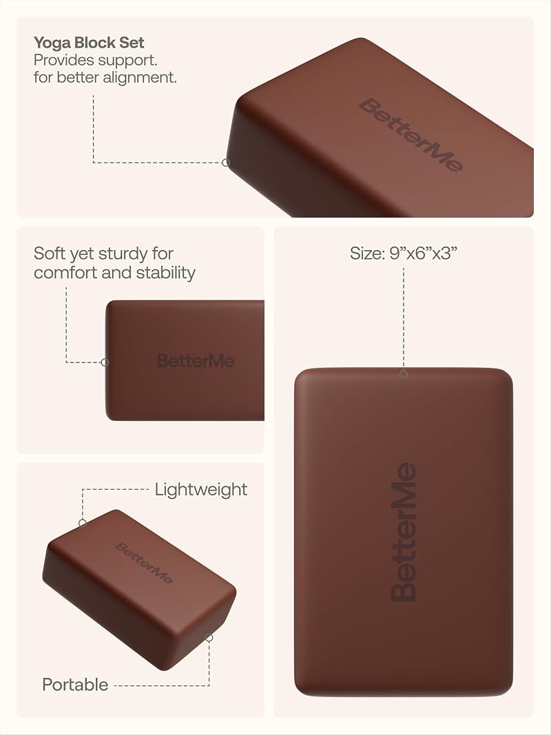 BetterMe Yoga Blocks Set of 2 - High Density Foam, Chocolate Brown
