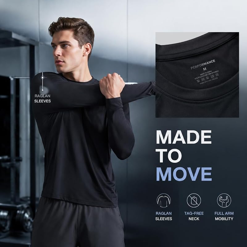 6 Pack Long Sleeve Sun Protection T-Shirts for Men – Quick Dry Sports Tee Set (Large)