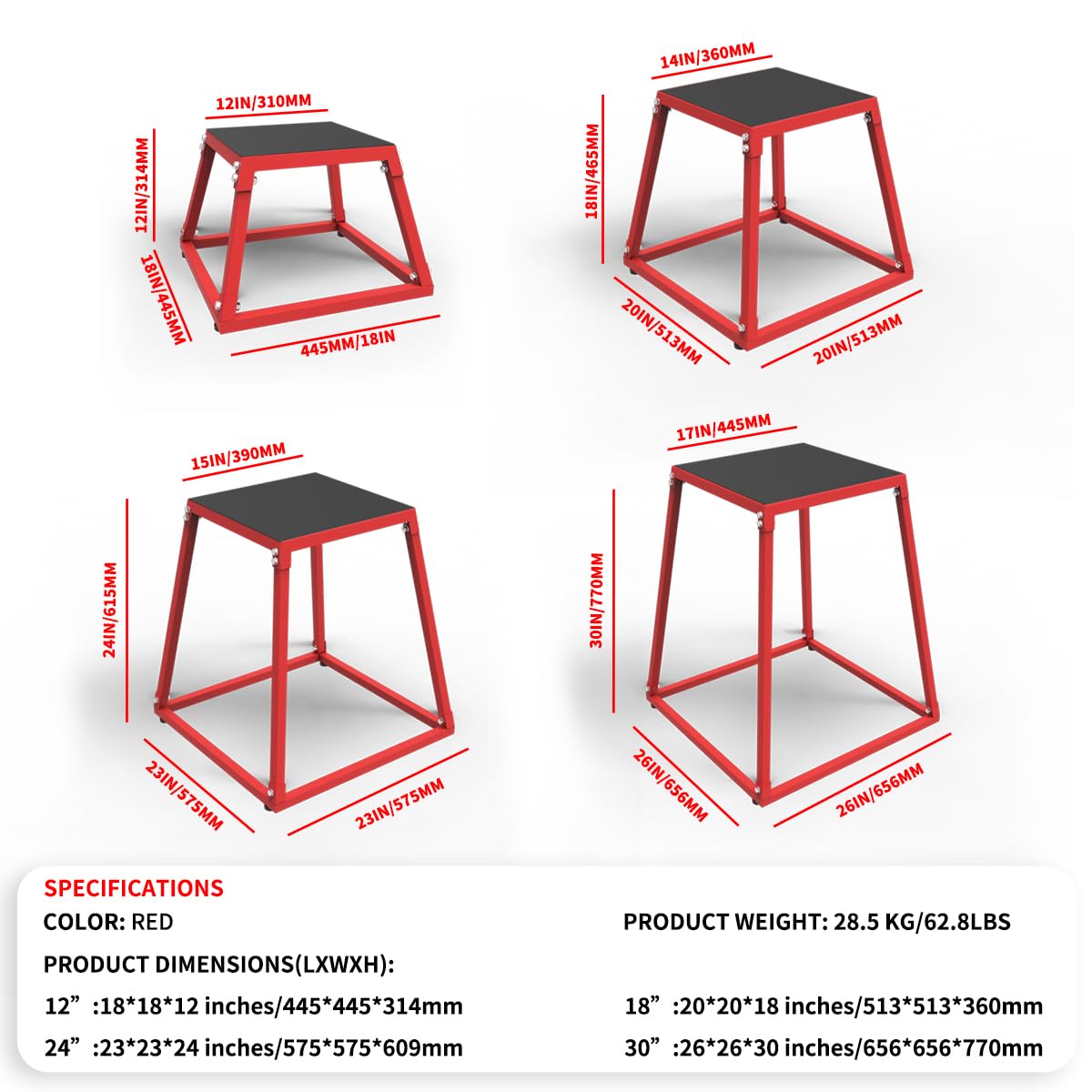 12 Inch Steel Plyo Box for Exercise, Plyometric Jumping Box,Metal Exercise Step Up Box with Anti-Slip Surface for Home Gym, Red
