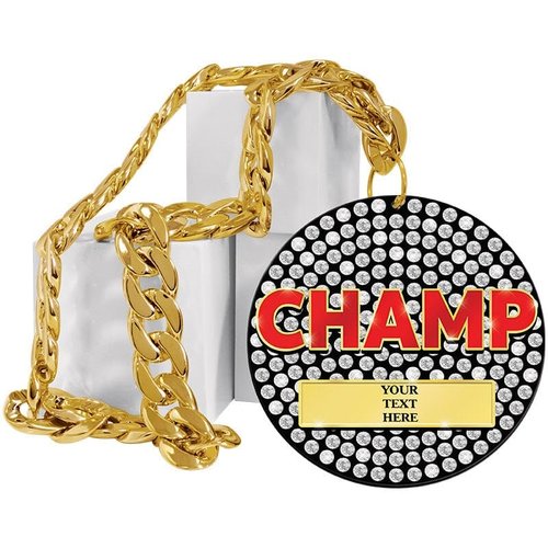 Crown Awards 6" Customizable Printed Rhinestone Champion Black Acrylic Medal Award On Gold Tone Chain