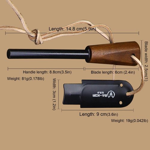 BA-KOR 5MM Full Tang (9CR18MOV) steel 14.1-inch chopping knife+K sheath&5.9-inch cerium igniter can be used for outdoor hunting, camping, obstacle removal, barbecue, fishing, kitchen cutting EDC， Gift giving