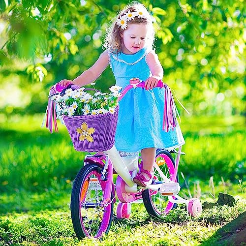 Kid Bicycle Basket Small Wicker Basket Bike Streamers for Girls with 2 Pieces Bell and 30 Pieces Stickers, Bicycle Decoration Accessories for Boys and Girls