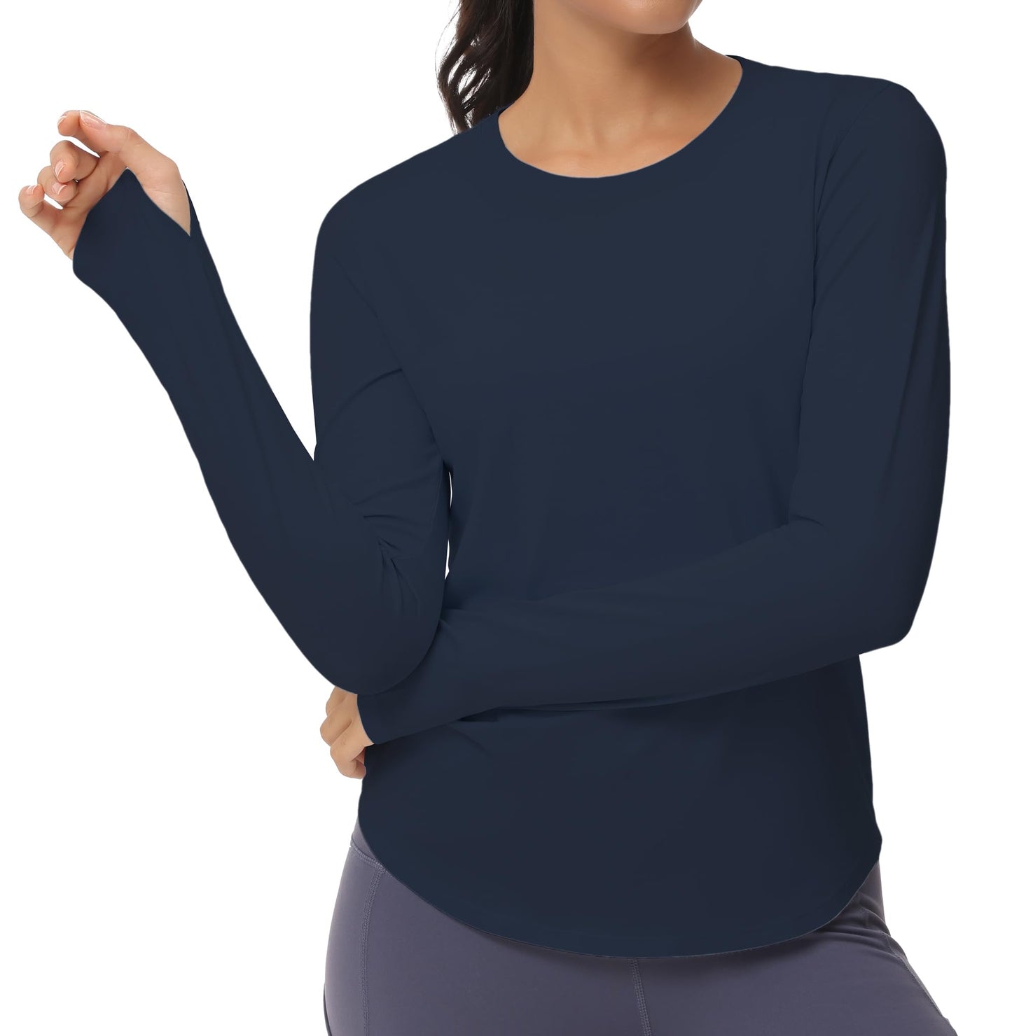 THE GYM PEOPLE Women's Long Sleeve Workout Shirts Athletic Crewneck Hiking Tops with Thumb Hole Navy Blue