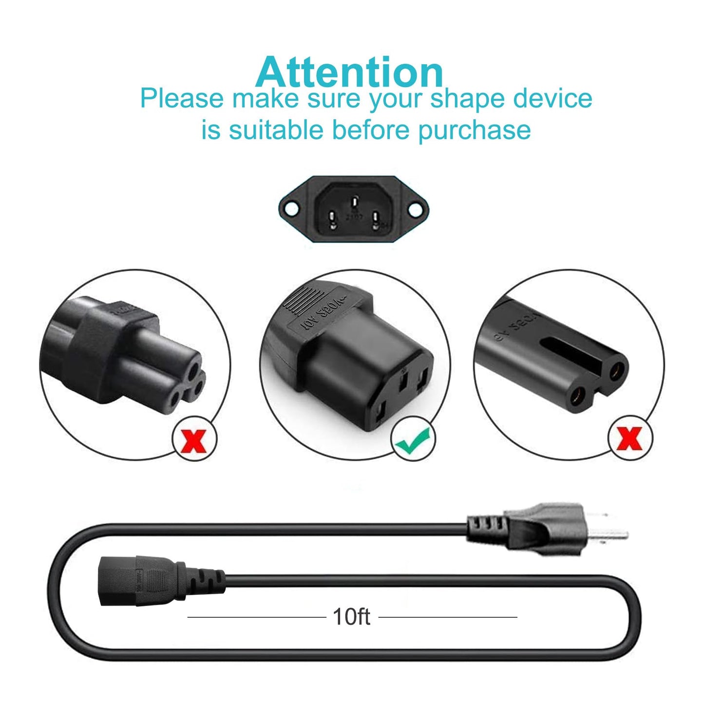 10Ft 3 Prong AC Power Cord TV Universal Treadmills Cable for Computer Monitor, Horizon Fitness Treadmills, Superfit, BowFlex, Sole E35 E55 F63 F80,Goplus, Walking Pad Treadmill Charger Replacement