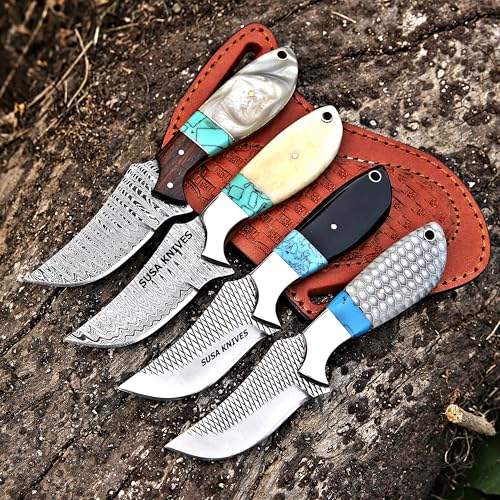 Custom Handmade 7-Inch Fixed Blade Cow Hoof Rasp Knife with Turquoise Handle and Leather Sheath - BONE Variation