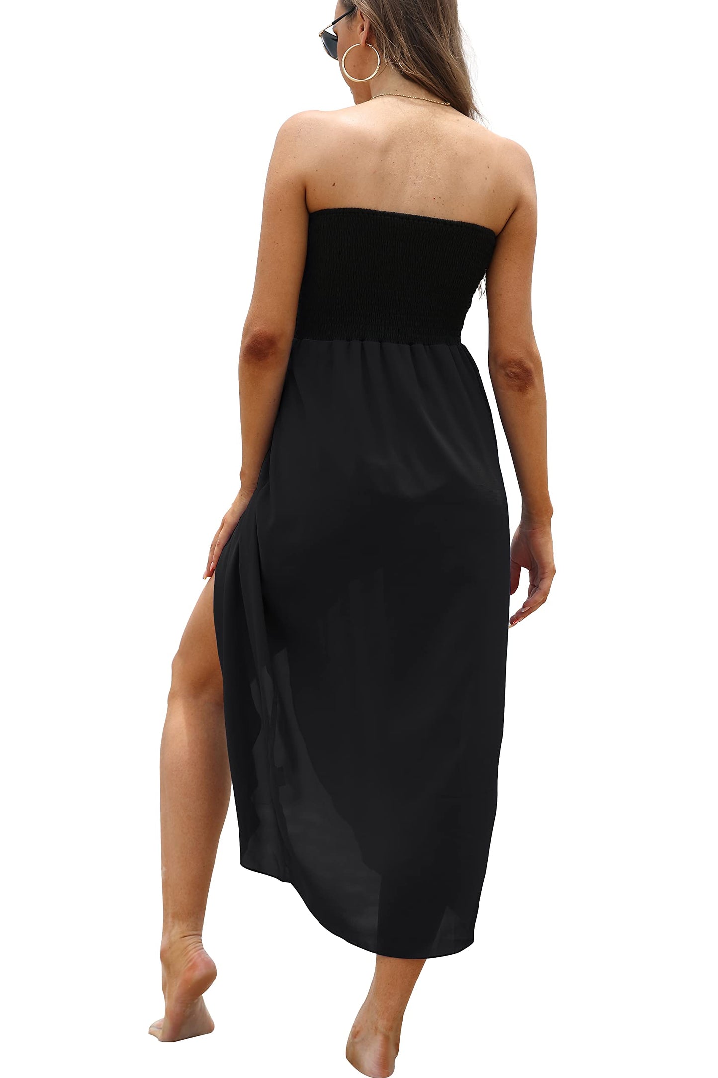 Women's Beach Dress Casual Maxi Dress Strapless Hawaiian Cover Ups Chiffon Wrap Sundress (Black, L)